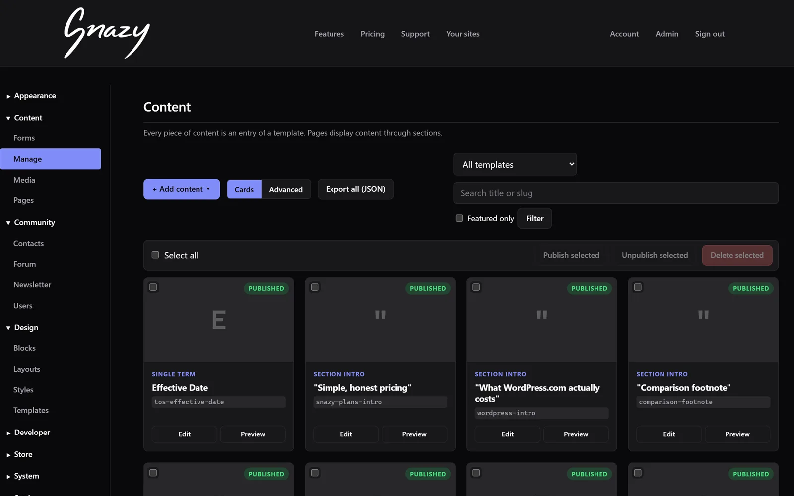 The Content manager: every entry as a card with its template, publish state, and bulk actions