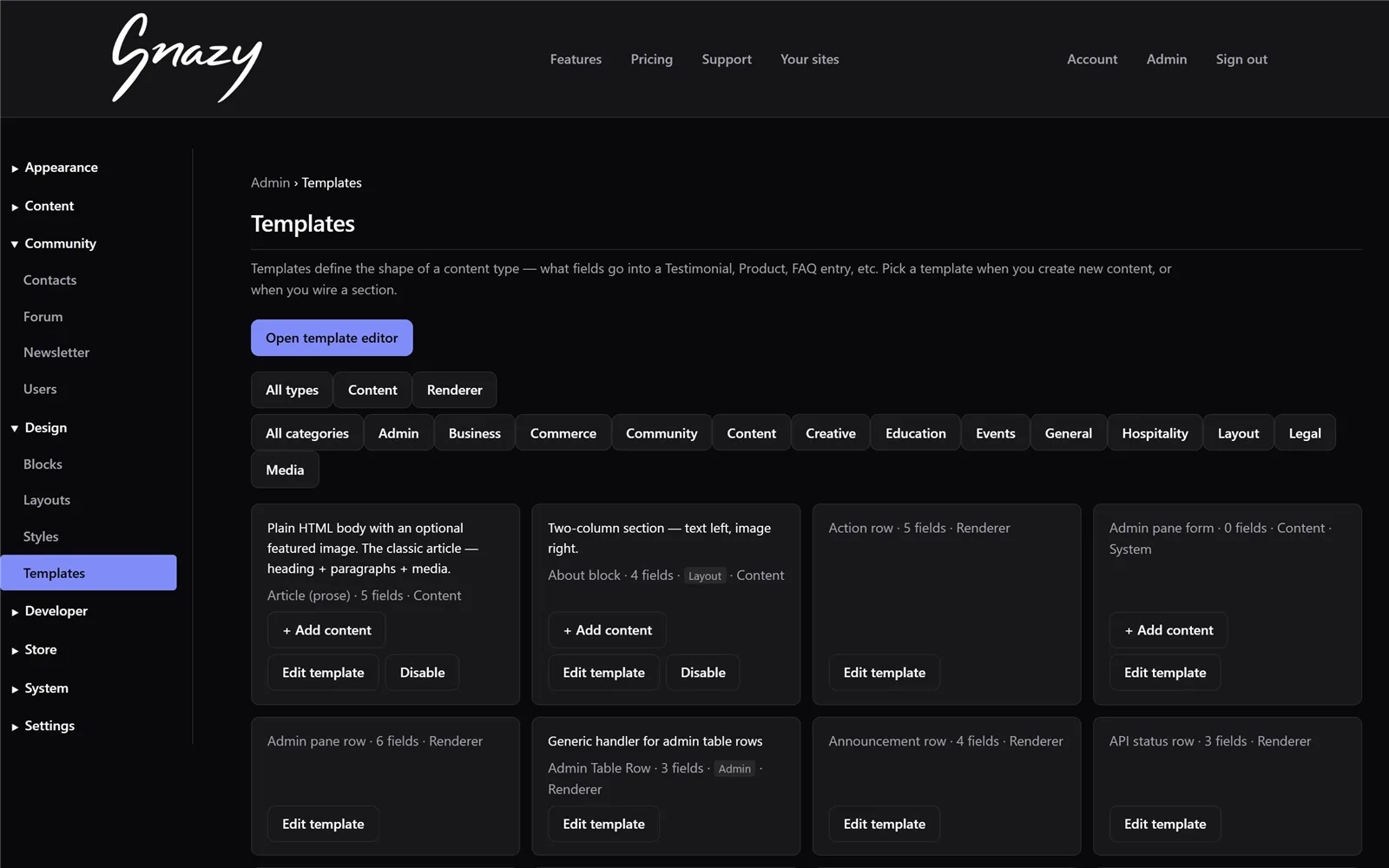 The Templates manager: the field schemas behind every kind of content on your site