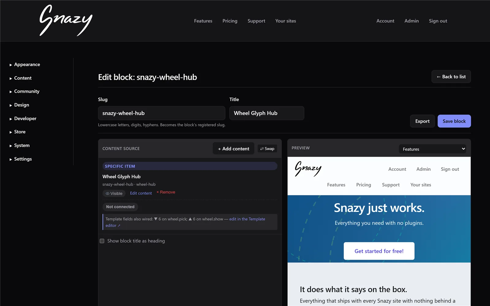 The block editor: your content source on the left, your real page rendering live on the right