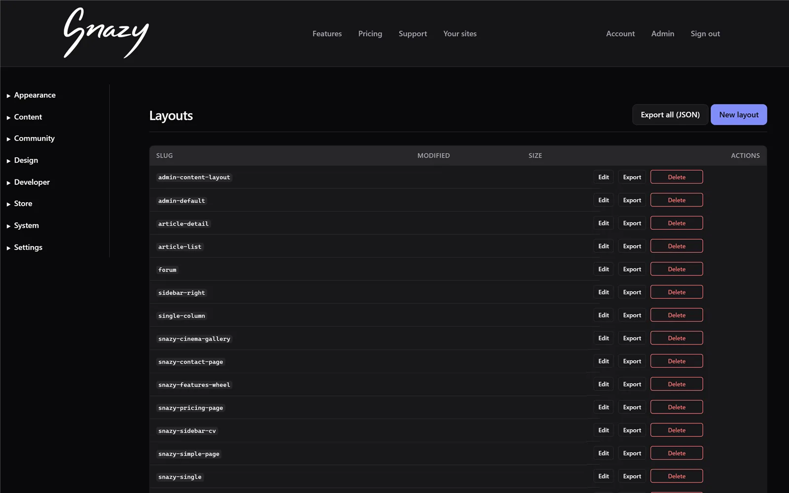 The Layouts manager: every skeleton your pages can use, with export and editing per layout